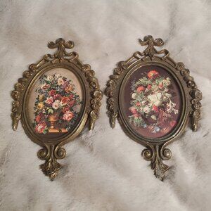 Vintage Pair of Italian Ornate Brass Small Oval Frames